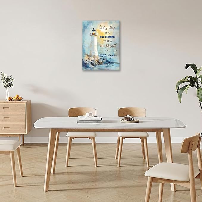 Ocean Lighthouse Pictures Wall Art, Coastal Nautical Bathroom Wall Decor Every Day is a New Beginning Motivational Quote Framed Painting Canvas Artwork for Bedroom Living Room Decorations 20"L x 16"W