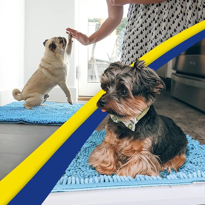 Muddy Mat® AS-SEEN-ON-TV Highly Absorbent Microfiber Door Mat and Pet Rug, Non Slip Thick Washable Area and Bath Mat Soft Chenille for Kitchen Bathroom Bedroom Indoor and Outdoor - Sky Blue 36" x 120"