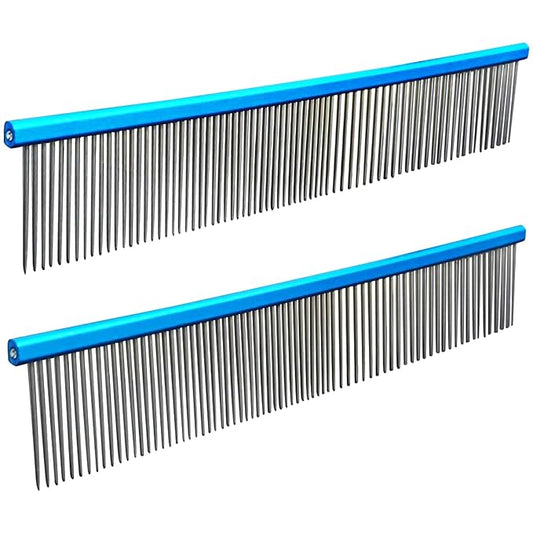 2 Pack Dog Combs with Stainless Steel Teeth Applicable to Cat Dog Comb Removing Tangles Easily Remove Dirt Grooming Anti-Slip Comfort Grip Handle （blue）