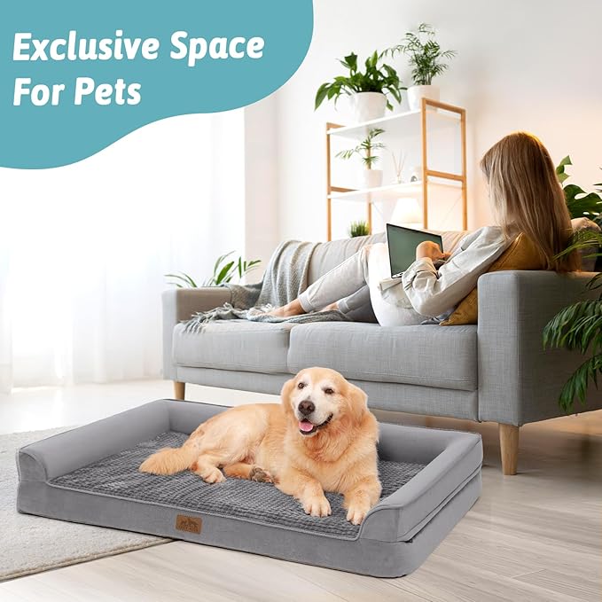 Orthopedic Dog Bed for Large Dog, Pet Couch for Medium Dog Cat, Big Supportive Foam Bolster Sofa with Waterproof Lining Cover, Anti-Slip, Comfort, Washable, 36x27x7.5 in, U Shape, Grey