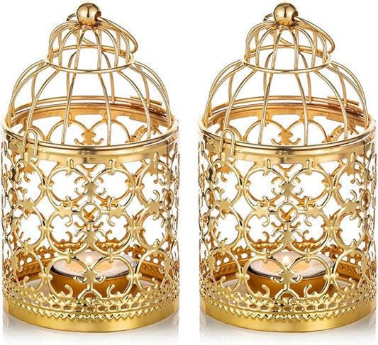 2 Pcs Small Metal Tealight Hanging Birdcage Lantern, Vintage Decorative Centerpieces of Wedding, Party, Gold