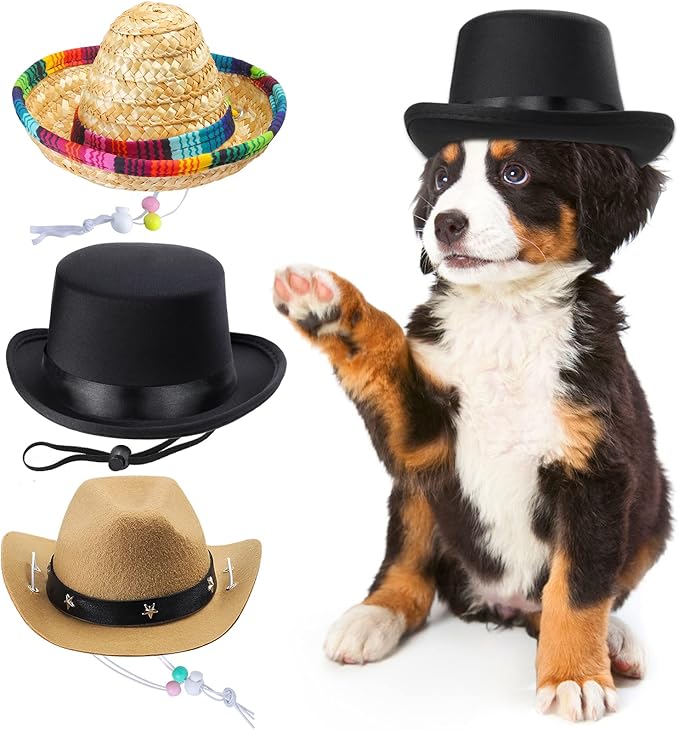 Yewong 3 Pieces Pet Hat Pet Formal Top Hat Mexico Sombrero Hat Cowboy Hat Dog Cat Pet Costume Hat for Halloween Party Photo Props Supplies one Size