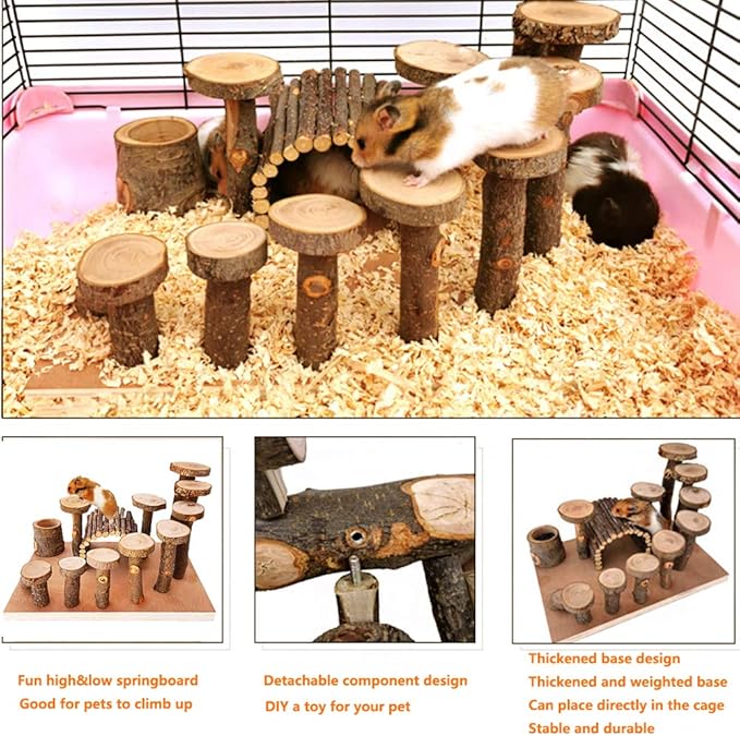 Wooden Chinchilla Platform Toy - Activity Playground Stand Ladder Hideout Set Bridge Ramps Chew Toys for Mouse, Dwarf Hamster, Gerbil, Rat, Sugar Glider, Syrian Hamster, Small Animals
