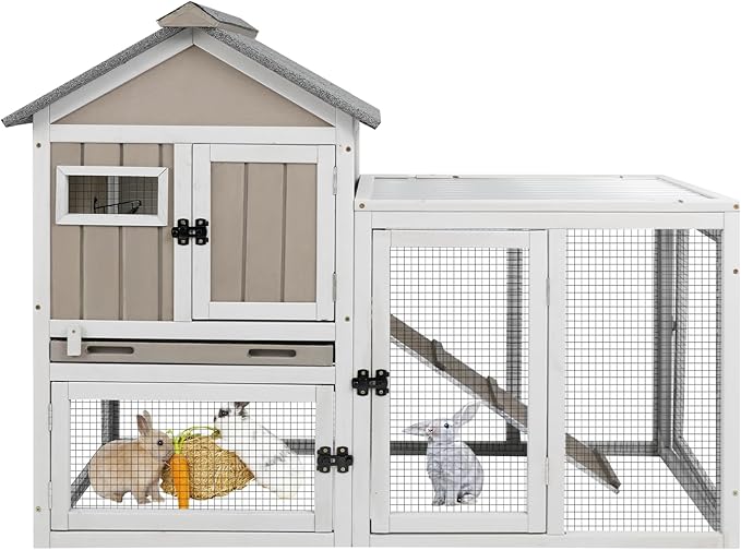 48" L Rabbit Hutch Outdoor Indoor Bunny Hutch Weatherproof, 2-Story Wood Rabbit Cage with Deep Tray, Chew-Resistant Ramp, UV Roof, Bunny House for Small Animal, Expandable Guinea Pig Cage