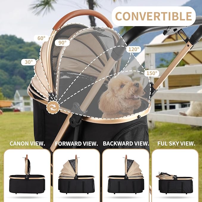 3 in 1 Pet Stroller with 4 Wheels, Foldable Pet Travel Carrier for Small/Medium Dogs Cats up to 50lbs, Detachble Portable Pet Bag, Storage Basket