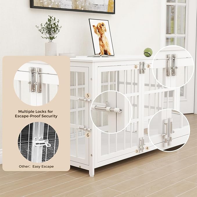 32 Inch Heavy Duty Wooden Dog Kennel End Table with Double Door Design and Secure Locks, Indoor Pet Crate Furniture for Medium Dogs, Decorative Home Cage Design,White