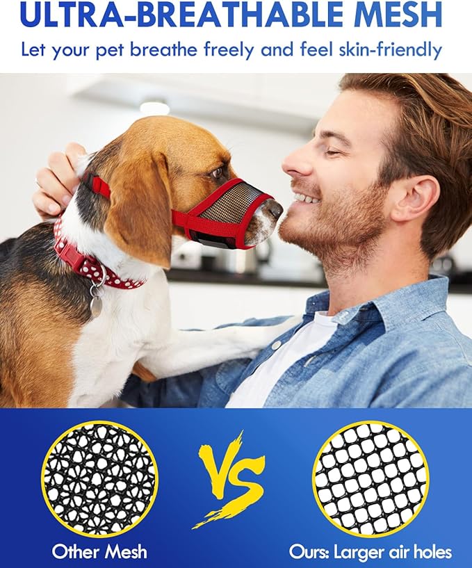 Dog Muzzle, Soft Air Mesh Muzzle for Small Medium Large Dogs Anti Biting Barking Chewing, Breathable Drinkable Adjustable Loop Pets Muzzle for German Shepherd Husky Labrador Retriever (Red,L)