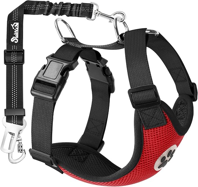 SlowTon Dog Seat Belt Harness for Car, Dog Car Harness Adjustable Mesh Breathable & Dog Seatbelt Safety Tether with Elastic Bungee for Small Medium Large Pets(Red, Double Clip, S)