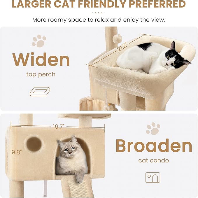 SHA CERLIN 65in Larger Cat Tree Tower Condo for Indoor Kitties/Multi-Level Furniture Activity Center with Wide Base/Cozy Plush Cat Perches/Baskets/Sisal Scratching Posts and Hammock/Beige