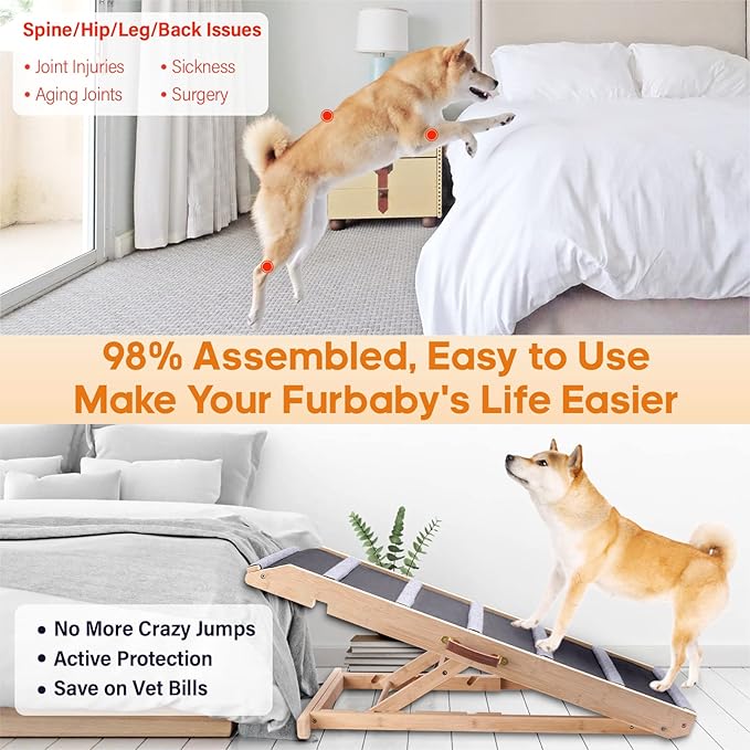 Dog Ramp for Bed - Extra Wide - Excellent Traction, Pet Ramp for Small Large Dogs to Get on Couch Car, Non-Slip Rubber Surface, 17’’W, Hold up to 200lb, Adjustable, Foldable (200LBS)