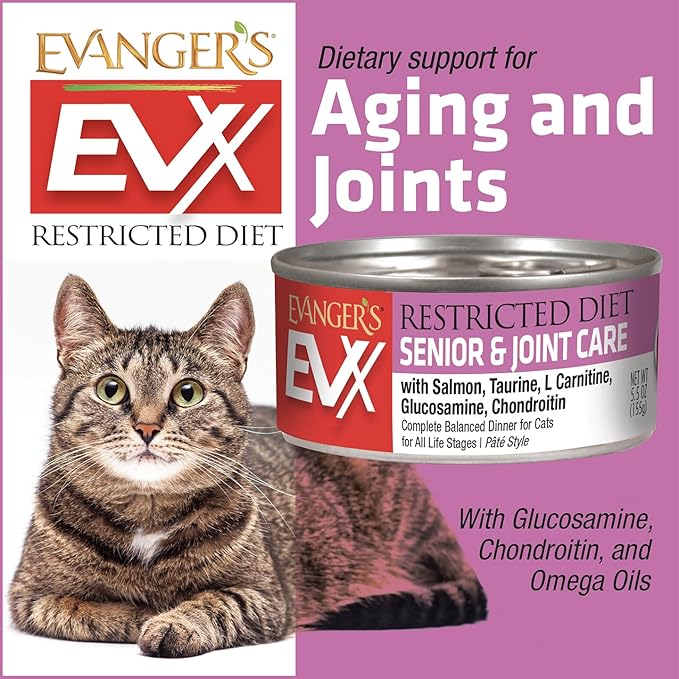 Evanger’s EVX Restricted Diet Senior and Joint Health Canned Cat Food – 24 Count, 5.5 oz Cans Each – Salmon with Taurine, L Carnitine, Glucosamine & Chondroitin – Grain Free Pâté Style