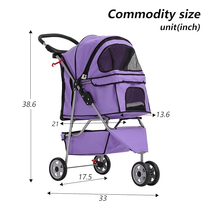 Dog Stroller,3 Wheels Travel Folding Pet Strollers for Small Medium Dog Cat Jogger Stroller with Storage Basket Removable Liner Purple