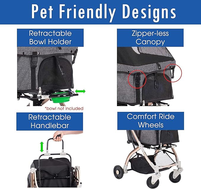 HPZ-PR America Pet Rover Lite Premium Light-Weight Dog/Cat/Pet Stroller Travel Carriage with Convertible Compartment/Aluminum Frame for Small & Medium Pets (Gray 2nd-Gen.)