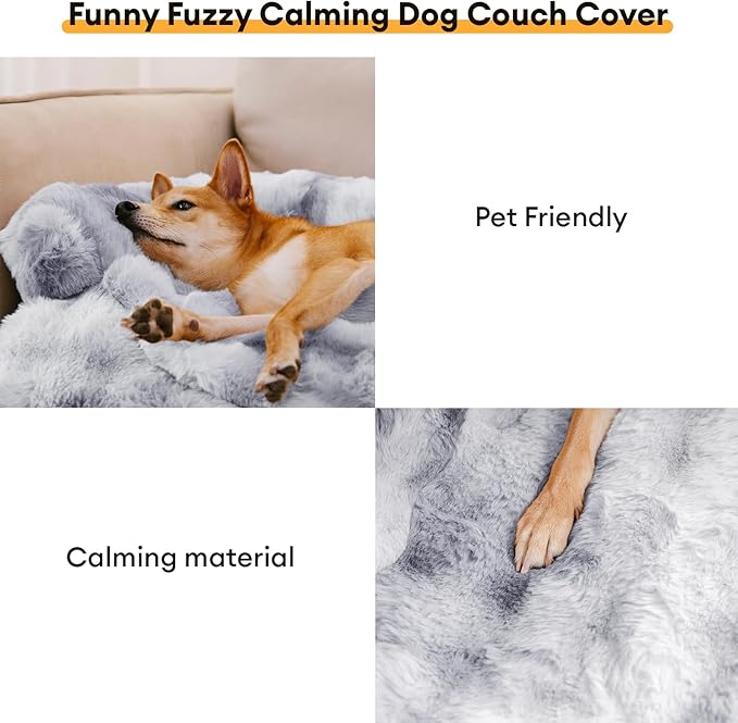 FUNNY FUZZY Pet Fluffy Fuzzy Calming Dog Couch Bed Sofa Protector Washable Pets Mat for Large Medium Small Dogs and Cats (Tie-dye Grey,37.4 × 33.46 × 6.3 in)