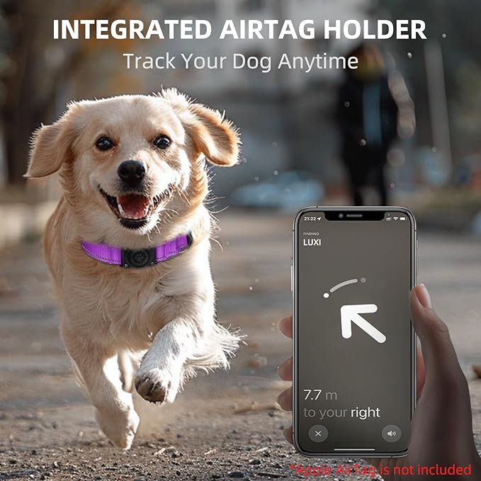 Airtag Dog Collar - 100% Waterproof Air tag Dog Collar Holder for Apple AirTag, Reflective, Soft Padded, Everlasting, GPS Dog Collar for Small Medium Large Dogs (Purple, M)