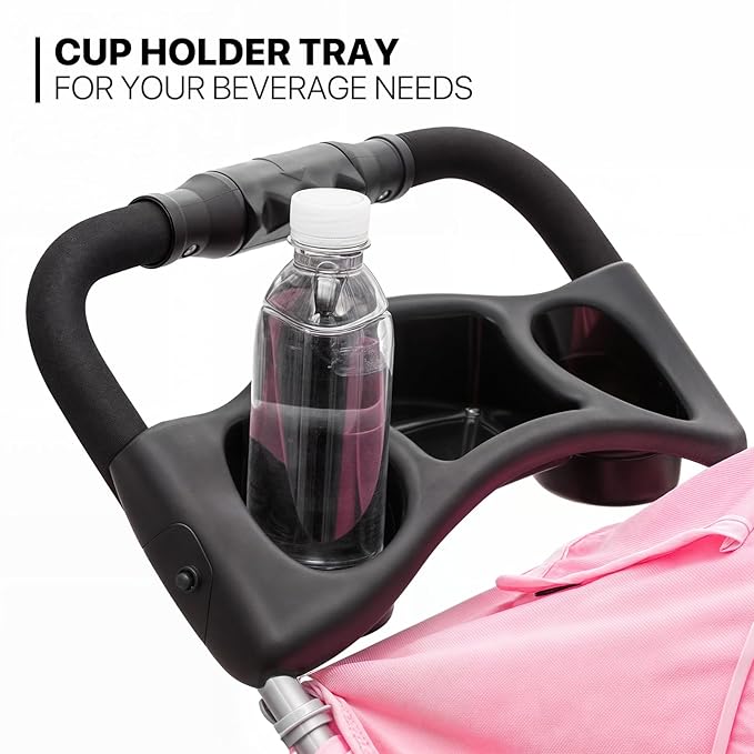 MoNiBloom 3-Wheels Foldable Pet Stroller with Waterproof Cover, Pet Strolling Cart for Small/Medium Dogs and Cats with Storage Basket and Cup Holder, Breathable and Visible Mesh for All-Season, Pink