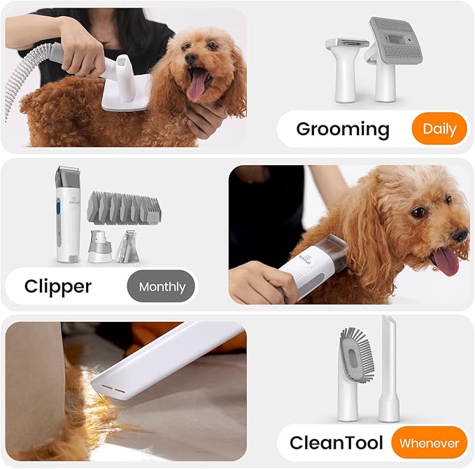 oneisall Dog Grooming Vacuum, Pet Grooming Vacuum with Clipper Nail Grinder, 1.5L Dust Cup Dog deshedding Vacuum Brush with 7 Pet Grooming Tools for Shedding Pet Hair, Home Cleaning