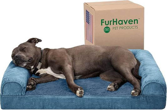 Furhaven Orthopedic Dog Bed for Large/Medium Dogs w/ Removable Bolsters & Washable Cover, For Dogs Up to 55 lbs - Faux Fur & Velvet Sofa - Harbor Blue, Large