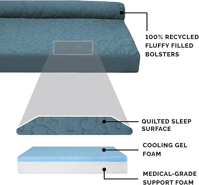 Furhaven Cooling Gel Dog Bed for Large Dogs w/ Removable Bolsters & Washable Cover, For Dogs Up to 95 lbs - Pinsonic Quilted Paw L Shaped Chaise - Bluestone, Jumbo/XL