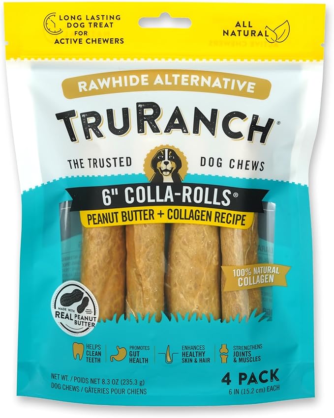 Collagen Rolls - 6" Collagen Rolls for Dogs - Long Lasting Healthy Joint Support Dog Treat - Rawhide Alternative - Skin & Coat Health - Made with Real Peanut Butter, 1 Bag, 4 Count