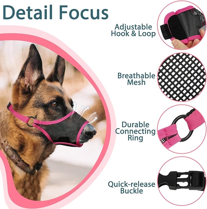 LUCKYPAW Dog Muzzle, Mesh Muzzle for Large Medium Small Dogs, Soft Mouth Guard for Biting Chewing, Breathable Mouth Guard with Adjustable Strap for Training(Hot Pink, L(Snout:9.75"-11"))