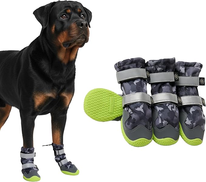 Spark Paws Dog Shoes, Waterproof Dog Boots for Medium to Large Dogs, Non Slip, Breathable Dog Booties and Paw Protectors - 4PCS Doggie Hiking Boots with Reflective Straps, Gray Camo, Size 7