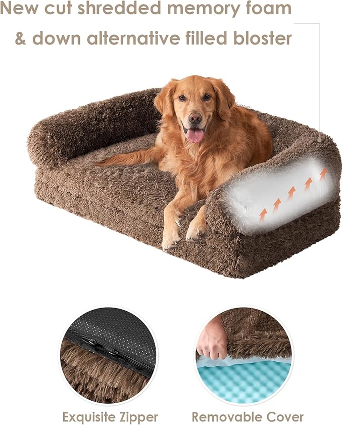 EHEYCIGA Foldable XXL Dog Bed, Faux Fur Fluffy Pet Couch Bed for Extra Large Dogs, Orthopedic Calming Memory Foam Big Pet Bed, Washable Soft Pet Sofa Bed with Non-Slip Bottom, Brown, 54"x38"x7.5"