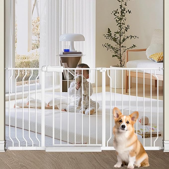 TSAYAWA Walk Through Baby Gate with Door,67-71.5 Inch Wide Presure Mounted No Drill Metal Auto Close Child Gate for Stair Doorway - Indoor Outdoor Safty Gate for Toddler Dog Doggie, White