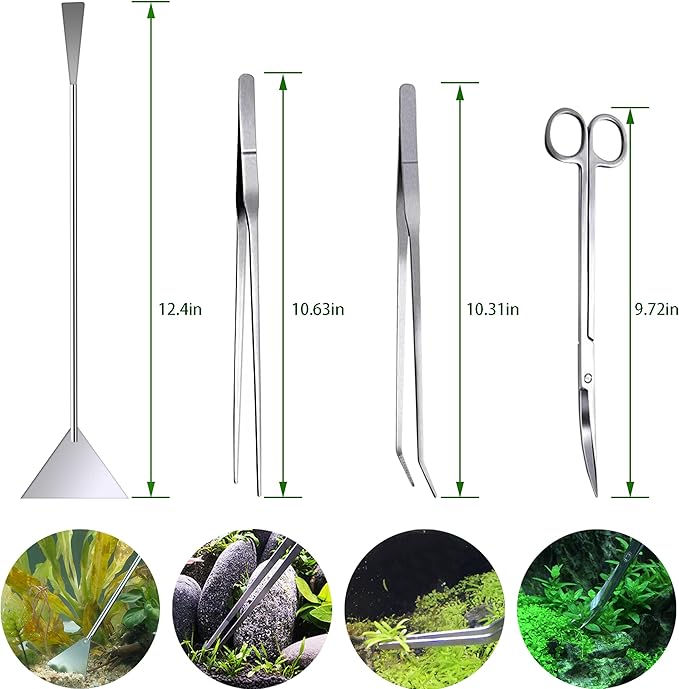 Aquarium Starter kit, The Package includes a Fish Tank Thermometer, aquascape Tool kit with a Sand Spatula, Straight Tweezers, Curved Tweezers, Curved Scissors, Handheld Sponge pad(3 PCS)