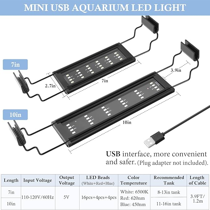 FEDOUR USB Mini Aquarium LED Light, Full Spectrum Aquarium Light with Extendable Brackets, Adjustable Aquarium Plant Light with External Controller, for Freshwater Tank (11-16in)