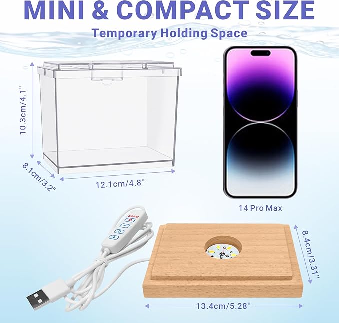 Mini Betta Fish Tank Kit with LED Light Base, Small Fish Bowl for Temporary Space, 0.2 Gallon Stackable Cube Tank with Artificial Plants for Small Fish, Insect, Shrimp, Crab, Spider (Kit-2)