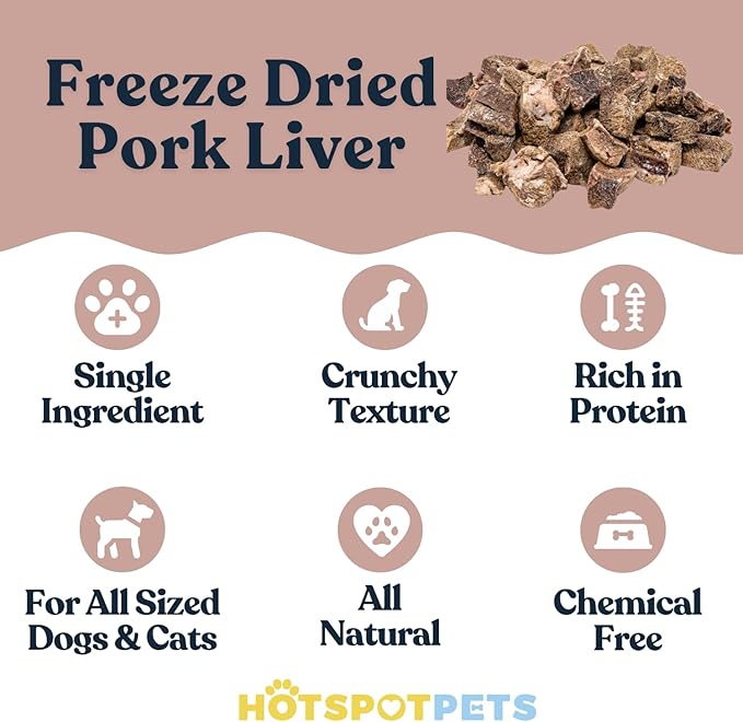 hotspot pets Freeze Dried Pork Liver Treats for Cats & Dogs - Made in USA (1 Pound Value Bag) Single Ingredient, High Protein, All Natural, Grain-Free - Perfect for Training, Topper or Snack