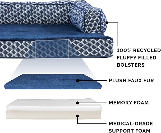 Furhaven Memory Foam Dog Bed for Medium/Small Dogs w/ Removable Bolsters & Washable Cover, For Dogs Up to 35 lbs - Plush & Woven Decor Comfy Couch Sofa - Diamond Blue, Medium