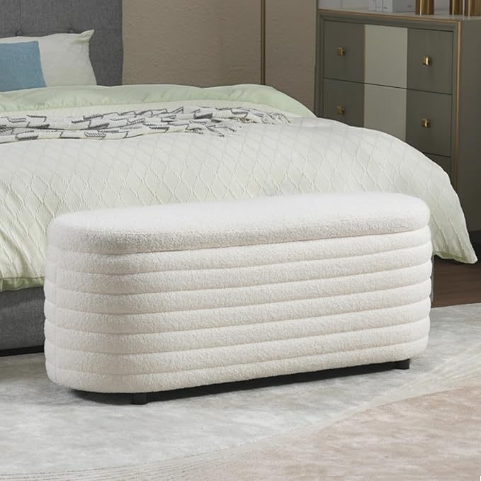 Storage Teddy Ottoman Bench Upholstered Fabric Storage Bench End of Bed Stool with Safety Hinge for Bedroom, Living Room, Entryway, Closet(44.5", White)