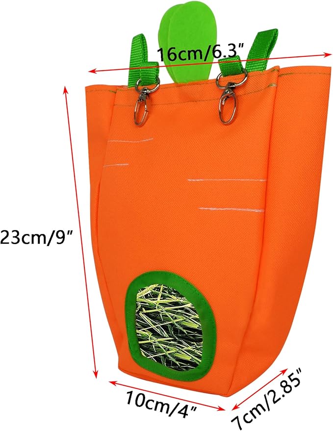 GKYZBB Rabbit Hay Feeder Bag for Cage Guinea Pig Timothy Hay Dispenser Storage Manger Hanging Large Less Waste for Bunny（Carrot）