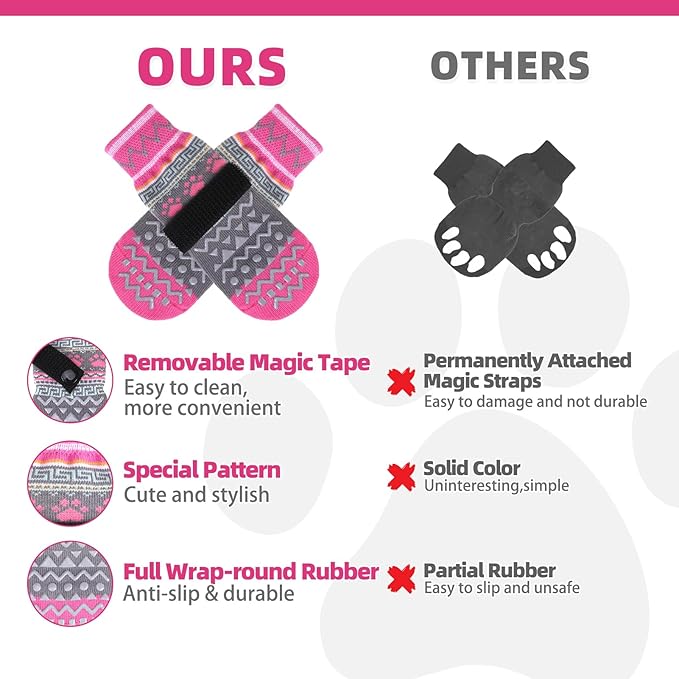 KOOLTAIL Dog Socks to Prevent Licking Paws for Hardwood Floors Anti Slip, Winter Warm Pet Boots&Paw Protector with Grippers, Double Sides Dog Shoes Booties for Small Medium Large Senior Dogs Pink M