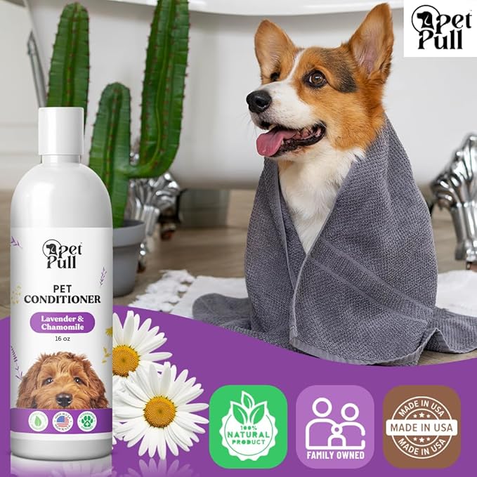 Dog Conditioner Puppy Essentials - Moisturizing Conditioner for Dogs with Lavender and Chamomile Scent - Plant Based Dog Bath Supplies Detangle and Revive Pet's Coat - Made in USA (16 Oz)