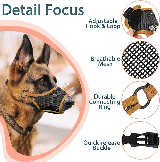LUCKYPAW Dog Muzzle, Mesh Muzzle for Large Medium Small Dogs, Soft Mouth Guard for Biting Chewing, Breathable Mouth Guard with Adjustable Strap for Training(Brown, M(Snout:8.75"-9.5"))