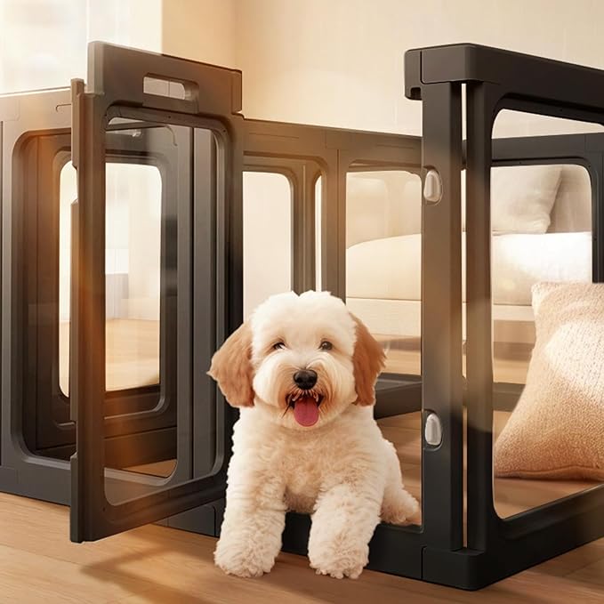Acrylic Clear Dog Play Pen Indoor, Plastic Puppy Playpen with Door, Clear PlayPen for Dog Cat Rabbit Ferret, Easy Assemble Pen, Preferable Small Cage, 23.6" H, 10PCS, Black