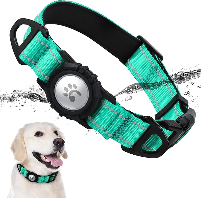 TagME Airtag Dog Collar,Waterproof Reflective Pet Collar with Airtag Holder,Soft Padded and Double D-Rings for Large Dogs,Turquoise