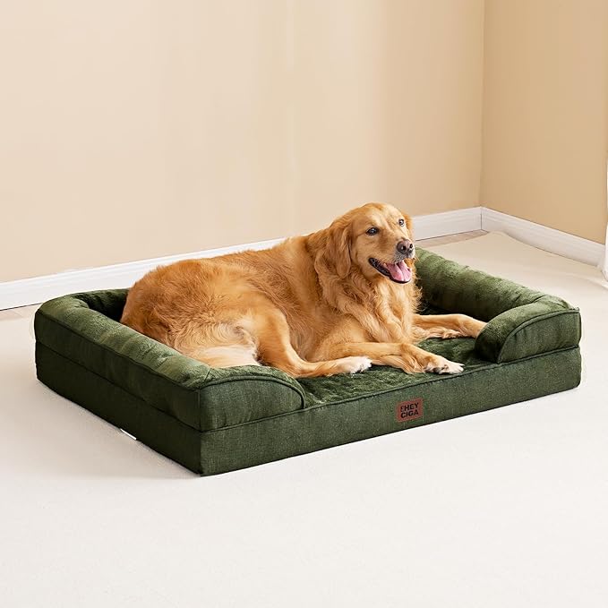 EHEYCIGA Orthopedic Dog Beds for Extra Large Dogs, Waterproof Memory Foam XXL Dog Bed with Sides, Non-Slip Bottom and Egg-Crate Foam Big Pet Couch Bed with Washable Removable Cover, Dark Green