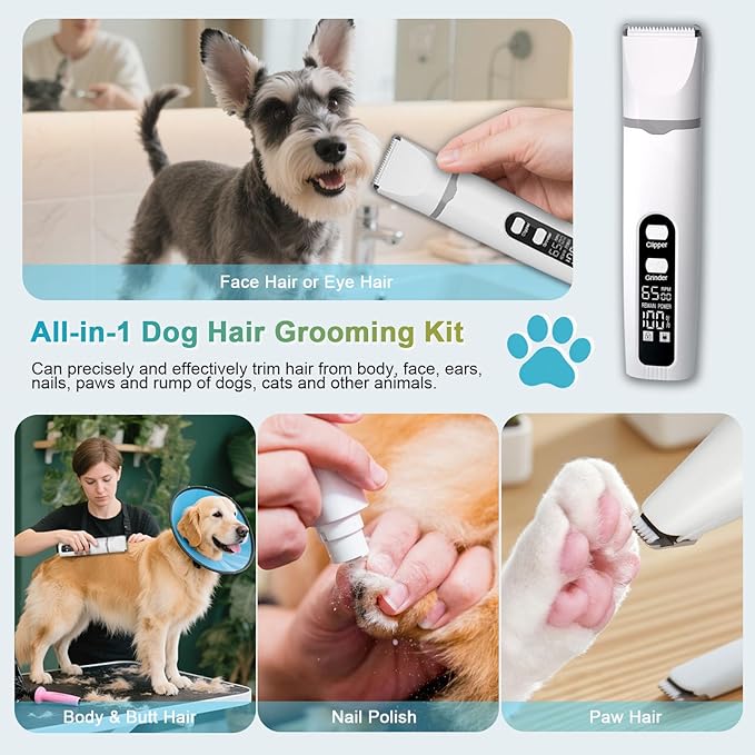 4 in 1 Dog Clippers Grooming Kit with LED Screen, Cordless Quiet Paw Trimmer & Nail Grinder, Rechargeable Waterproof Feet Ear Body Hair Shaver for Cats Dogs Pet Supplies