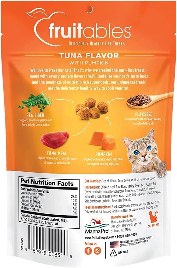Fruitables Cat Treats, Healthy Treats For Cats, Low Calorie and Packed with Protein, Crunchy Biscuits, Free of Wheat, Corn and Soy, Made with Real Tuna and Pumpkin, 2.5oz