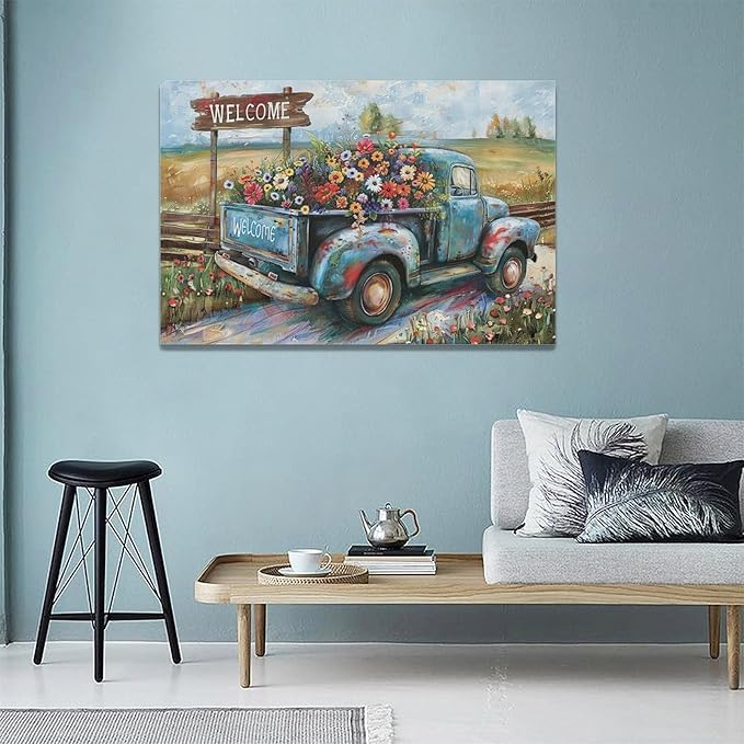 Farmhouse Truck Wall Art Rustic Country Wildflowers Wall Decor Road Flowers Landscape Pictures Canvas Print Painting Artwork for Bathroom Living Room Bedroom 16"x24"