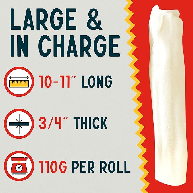 Canine Chews 10-11" Dental Coated Jumbo Rawhide Retriever Rolls (8 Pack) - Breath Freshening & Long Lasting Dental Chews for Dogs Large Size - Teeth Cleaning Dog Treats for Aggressive Chewers
