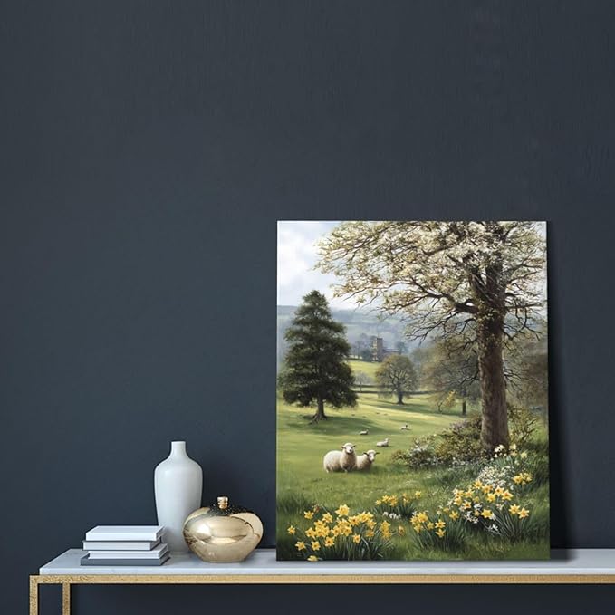 Country Sheep Canvas Wall Decor Farmhouse Rustic Lamb Wildflower Wall Art Nature Countryside Landscape Pictures Painting Print Framed Artwork Decorations for Bathroom Living Room Bedroom 16"x20"