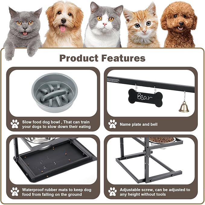Elevated Slow Feeder Dog Bowls - Raised for Large Dogs, Adjustable Height, 2 Stainless Steel Bowls, Spill Proof Mat, Grey