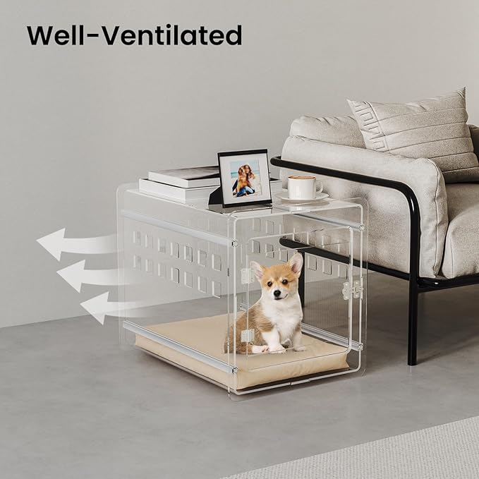 Sumerflos Clear Acrylic Dog Crate - Modern Dog Kennel Furniture, Indoor End Table Dog Crate Lockable Ventilated for Most Small Dog Cat Pet, 24.05" L x 17.99" W x 20" H
