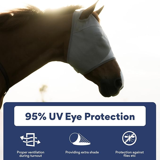Horse Fly Mask Without Ears | 95% UV Eye Protection | Built-in Visor | Breathable, Lightweight Mask | Adjustable Fit for Horses Medium/Large Size