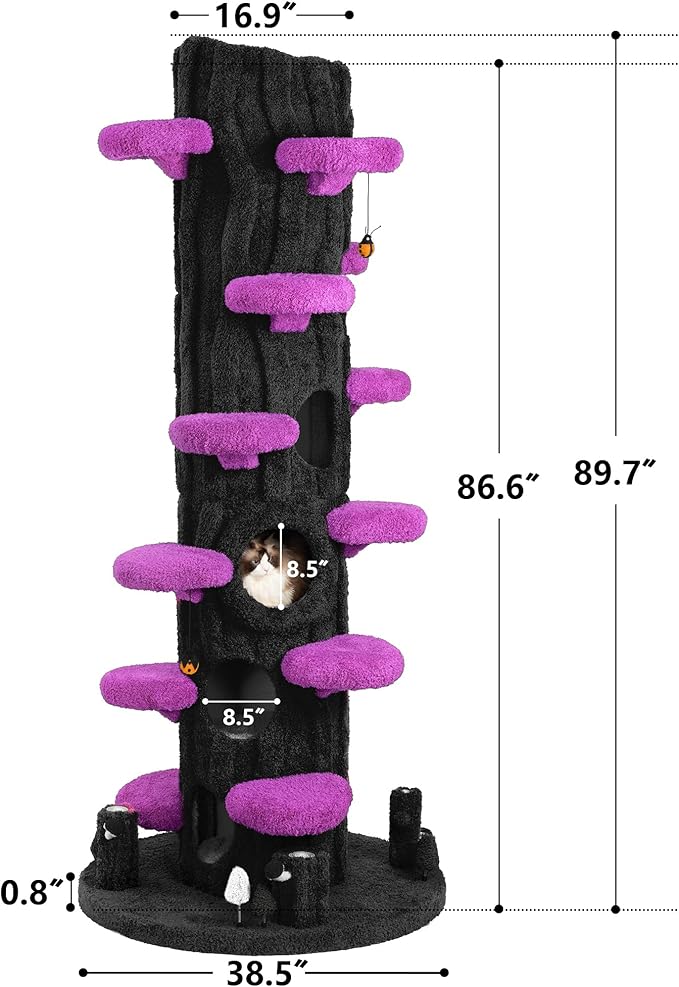 Super Large Cat Tree for Indoor Cats, All-in-One Tall Cats Tower with Scratching Post, Luxury Multi-Level Solid Wood Cat Condo for Multi-Cat Families (Purple)